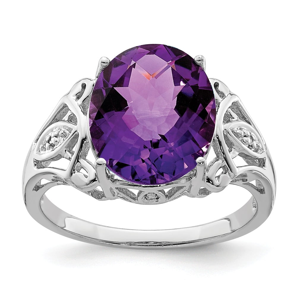 Sterling Silver 2 MM Checker-Cut Amethyst and Diamond Ring