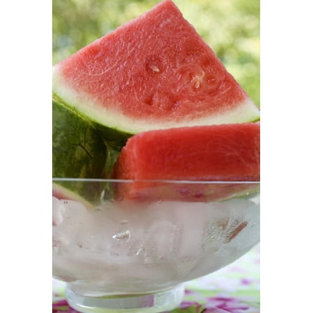 Pieces of Watermelon in a Bowl of Ice Cubes Print Wall Art By (Best Way To Cube A Watermelon)