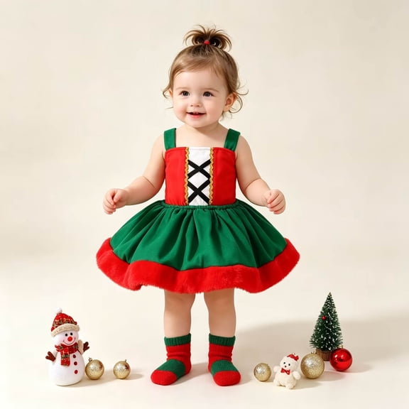 Baby Girls Sleeveless Dress Classic Color Blocked Christmas Photo Shoot Daily Wear Dresses for Party