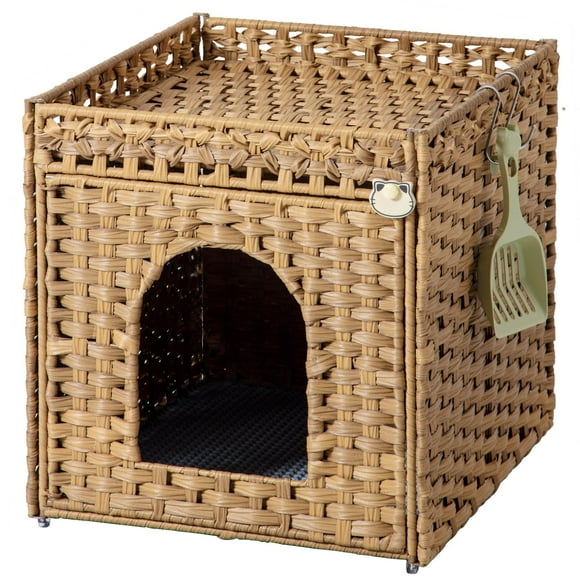 SETVSON Cat Litter Box Enclosure Furniture, Hidden Litter Box with Mat and Fence, Handwoven Rattan Cat House with Two S-Shaped Hooks for Living Room, Bedroom, 18.5 x 20.5 x 19.1 Inche