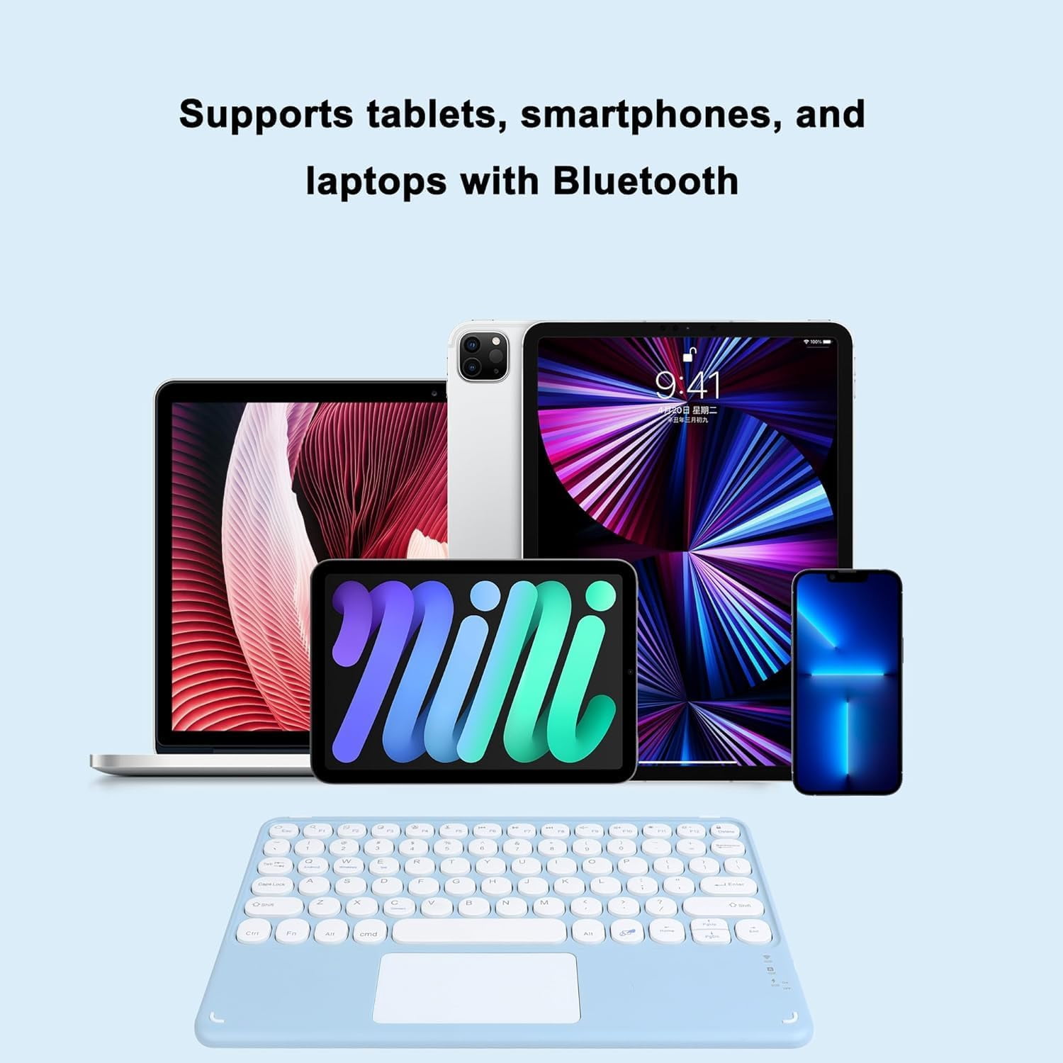 Portable Wireless Bluetooth Keyboard with Touchpad, Ultra-Thin Rechargeable Bluetooth Keyboard Mini with trackpad Round Key for iPad pro/iPad/iOS/Android (Blue)