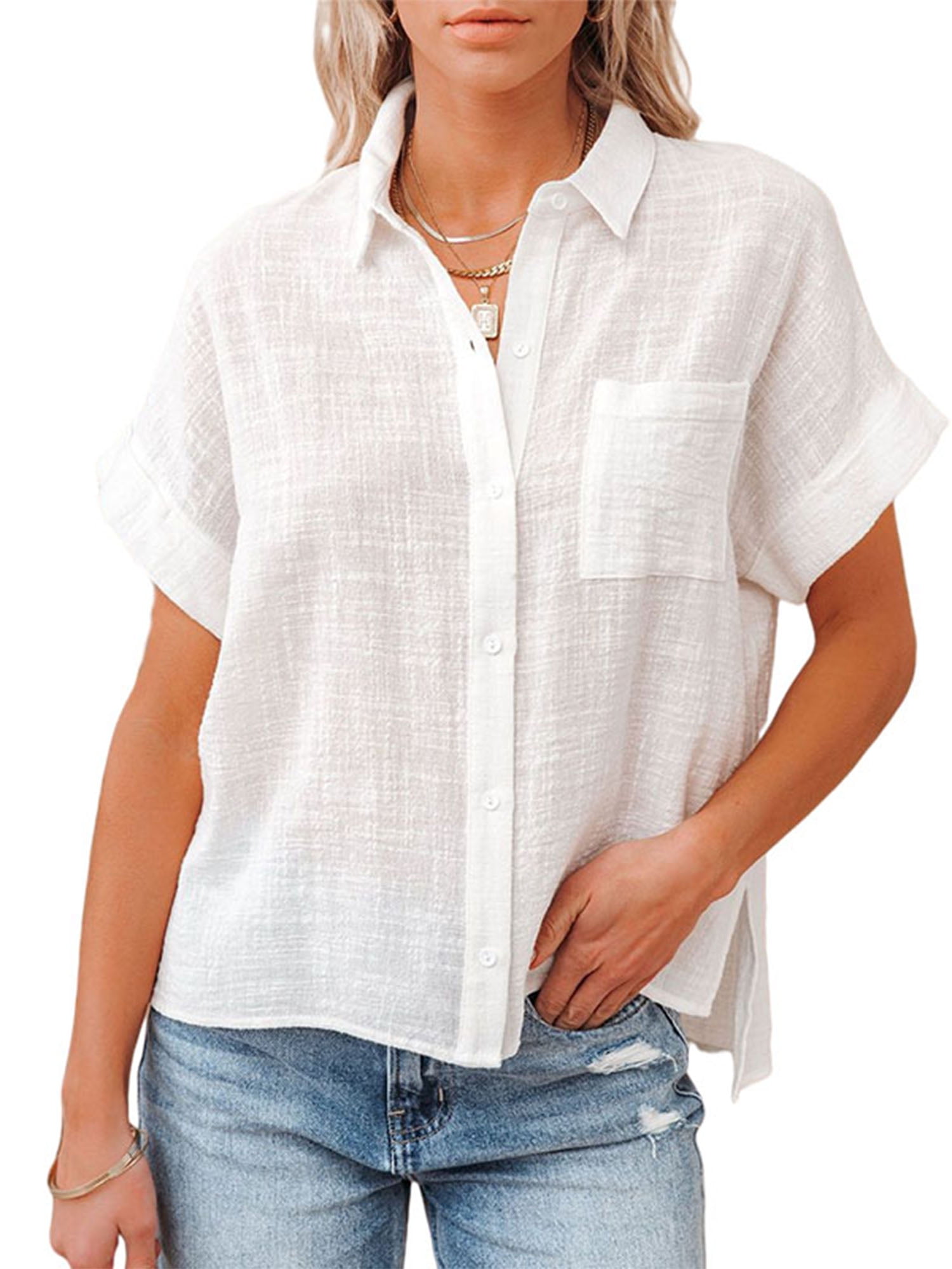 Women Cotton Linen Blouse Summer Solid Color Short Sleeve Lapel Neck ...