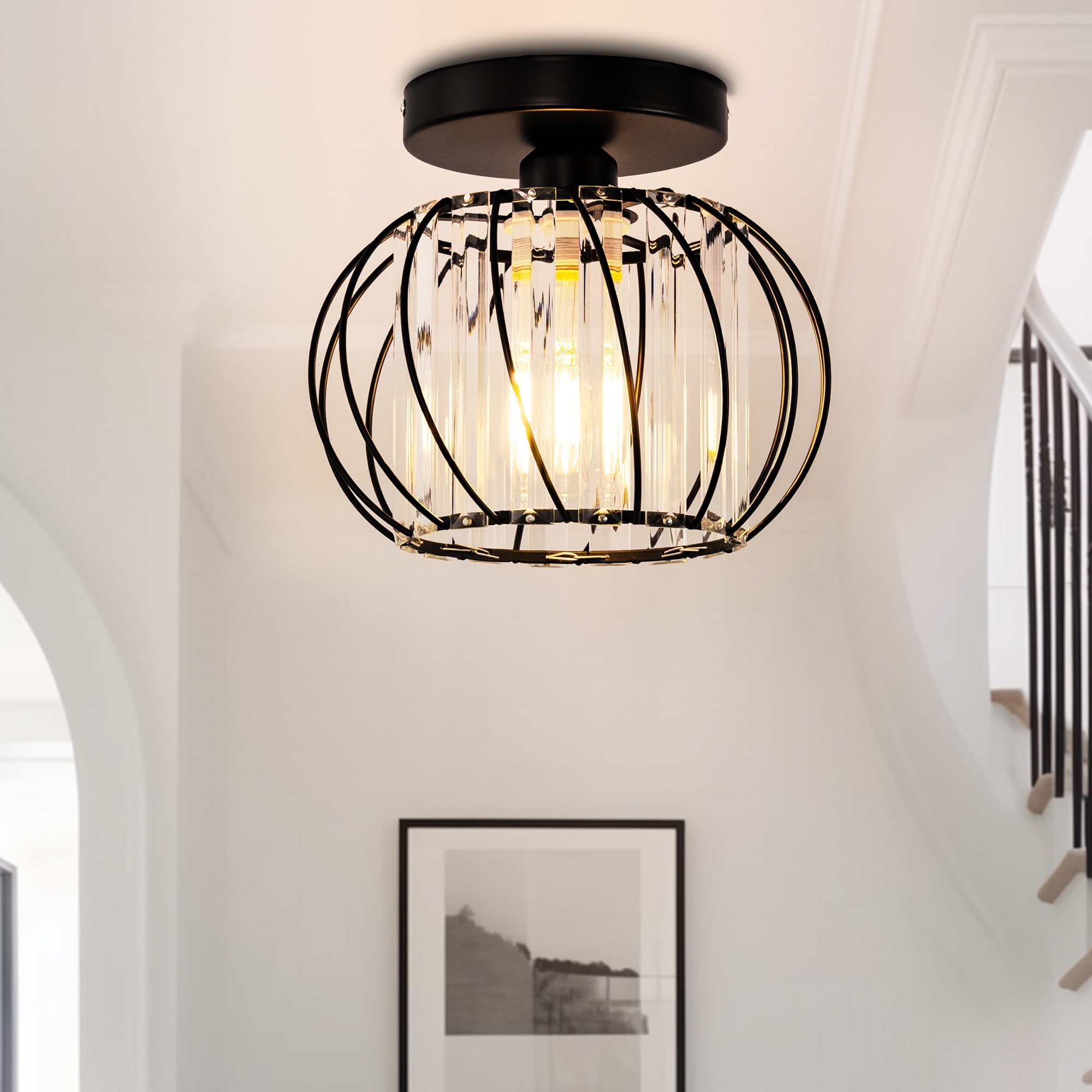 YANSUN 7.08 in 1 Light Black Modern Semi Flush Mount Ceiling Light for Bedroom Foyer Kitchen