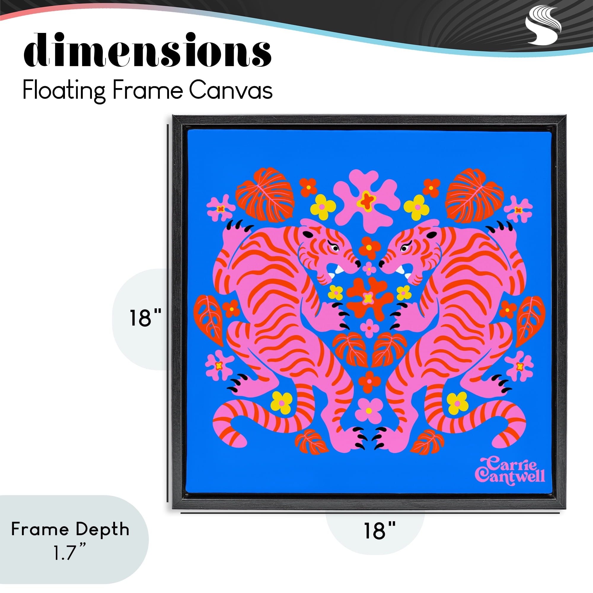 Stupell Industries Pink Tigers and Monstera Black Framed Floater Canvas Wall Art, design by Carrie Cantwell