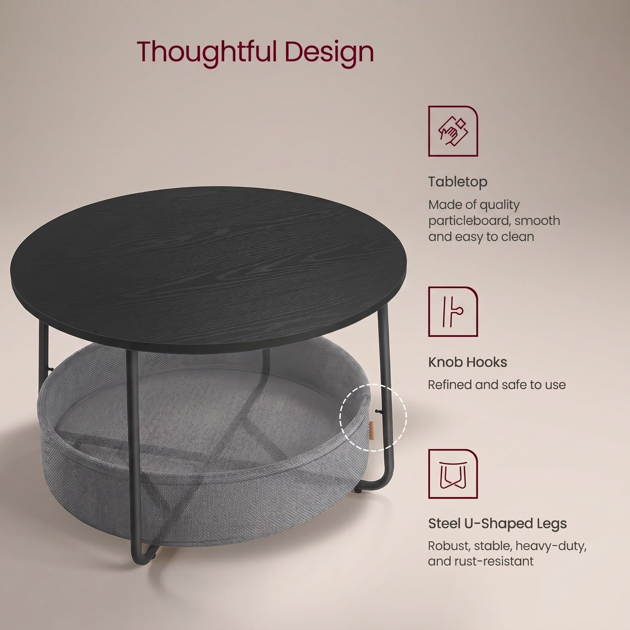 Nordic Hygge Modern Ebony Black Round Coffee Table with Slate Gray Fabric Storage Basket