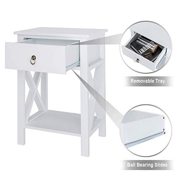 Bonnlo White End Side Table Nightstand Bedside Table with Drawer and Storage Shelf