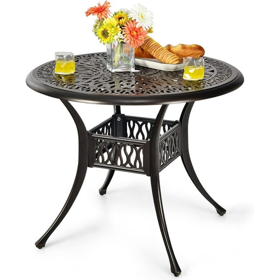 HAPPYGRILL Patio Dinning Table Outdoor Cast Aluminum Bistro Table with 2” Umbrella Hole, 36” Round Dining Table with Adjustable Feet for Backyard Lawn Balcony Deck