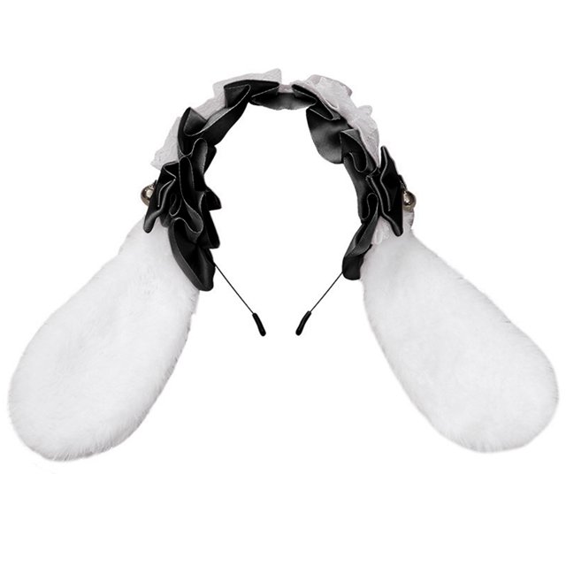 Diadema con orejas de conejo peludo, aro para el pelo, lazo de encaje de Lolita, tocado de mucama, disfraz de Navidad, pinzas para el pelo de conejo