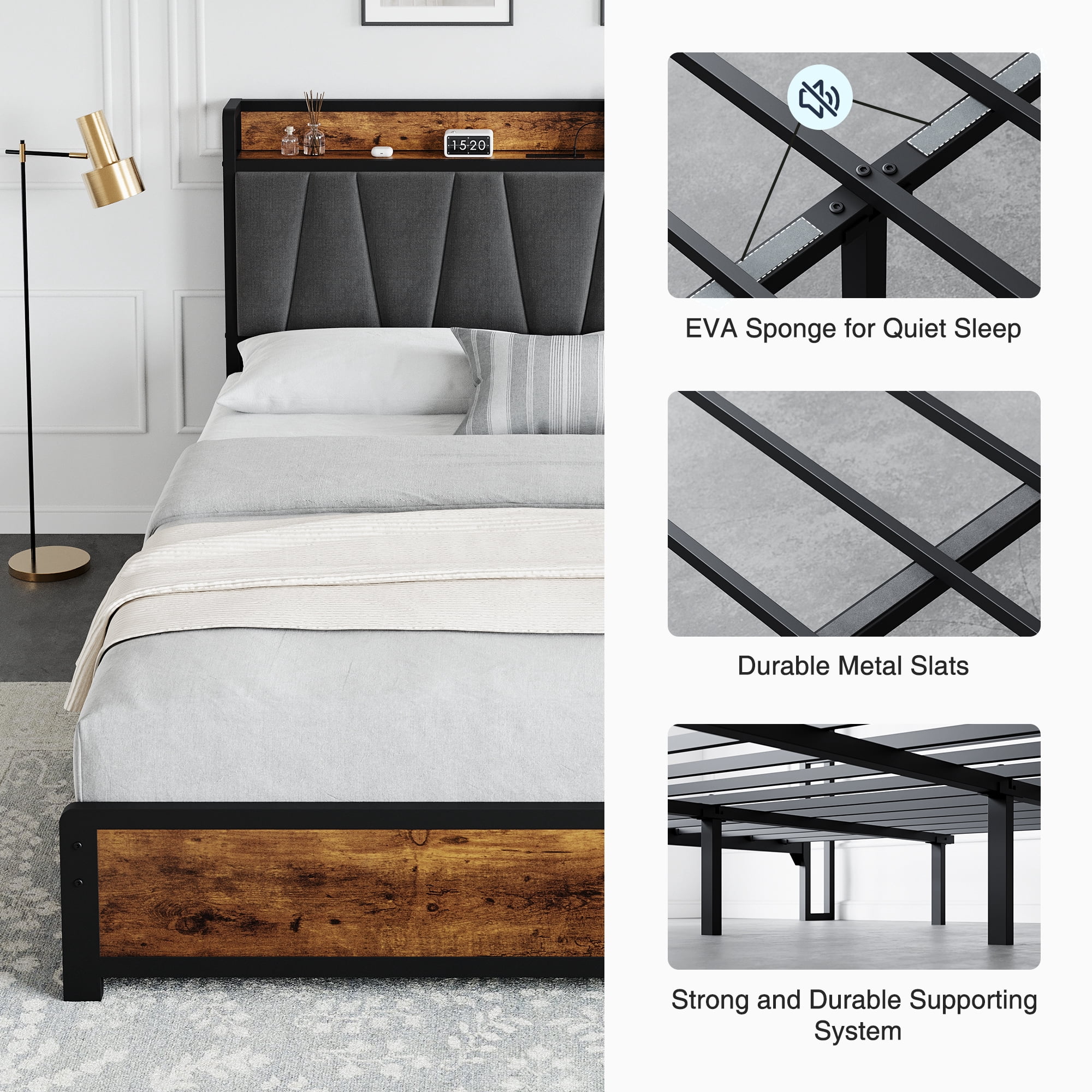 Platform Bed Frame with Storage and Charging Station​ - Vintage Brown Upholstered Bed with 4 Drawers. Quiet Heavy-Duty Metal Frame. king size
