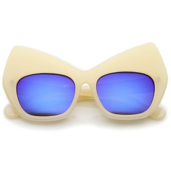 sunglassLA Unisex Chunky Frame Colored Mirror Square Lens Oversized Cat Eye Sunglasses (Creme / Blue Mirror) - 54mm