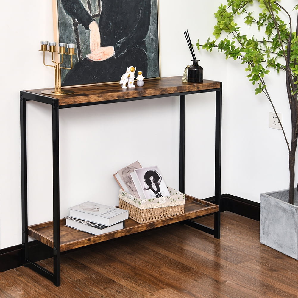 Kepooman Storage Side Table with Open Storage Shelf, 2-Tier Narrow Console Table, Brown Kepooman Storage Side Table with Open Storage Shelf, 2-Tier Narrow Console Table, Brown