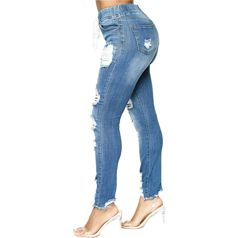 TAIAOJING Women's Skinny Jeans Stretchy Casual High Waist Ripped Knee Hole  Slim Drawstring Skinny Denim Pants Trousers