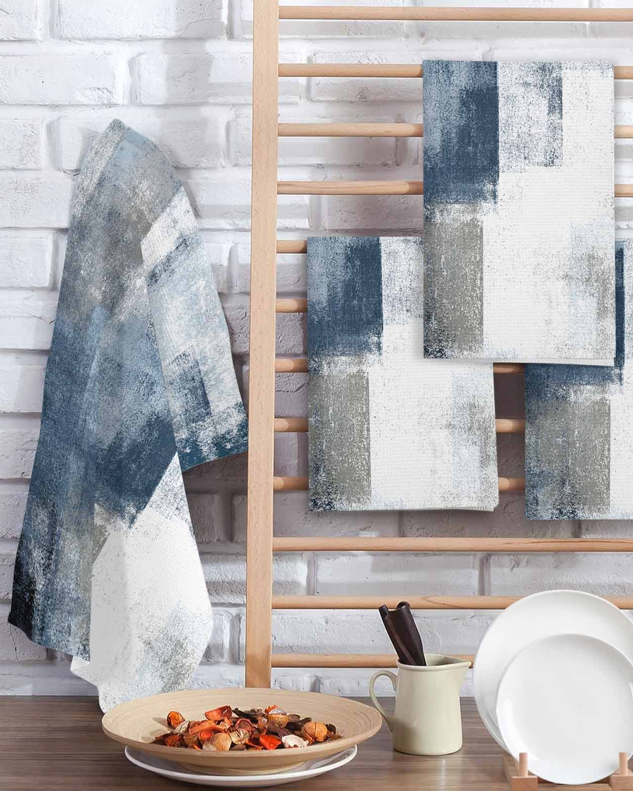 Blue Grey Kitchen Dish Towels for Drying Dishes Set of 3, Abstract Modern Painting Mottled White Art Waffle Weave Microfiber Terry Hand Tea Bathroom Towels Quick Dry & Absorbent Towel 15.7x23.6