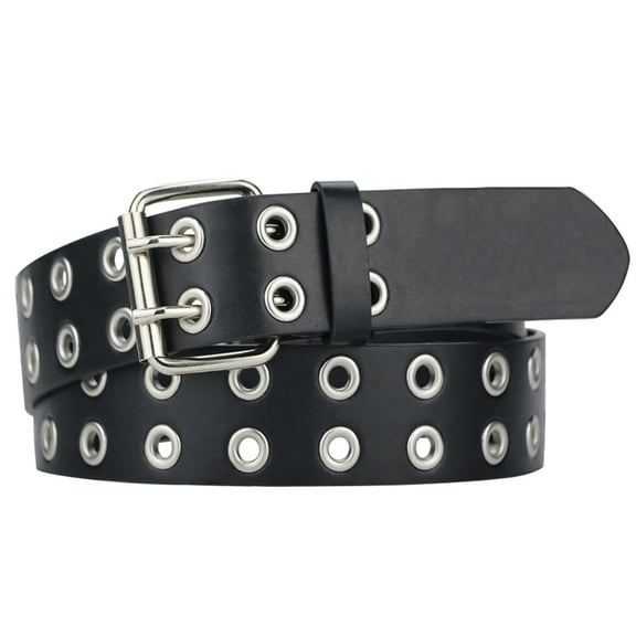 Grommet Leather Belts for Women, Double Prong Buckle Vintage Punk Jeans Belts