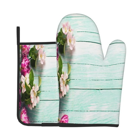

Zeuib Flowers And Turquoise Wooden Print Oven Mitt & Pot Holder Set 2-Pack Kitchen Gloves and Hot Pads for Cooking BBQ Grilling Baking