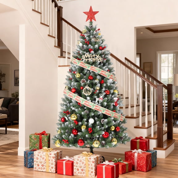 Snow Flocked Artificial Christmas Tree with Pine Cones & Red Berries, Full Christmas Tree for Home Holiday Décor, Quick Set Up with Sturdy Metal Base