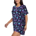 thumbnail image 2 of Susaid purple Skull flower Print Women's Pajama Set, Button-Up Sleepwear with Elastic Waist Shorts, Perfect for Lounging, Yoga, Beach, and Casual Wear-Large, 2 of 7