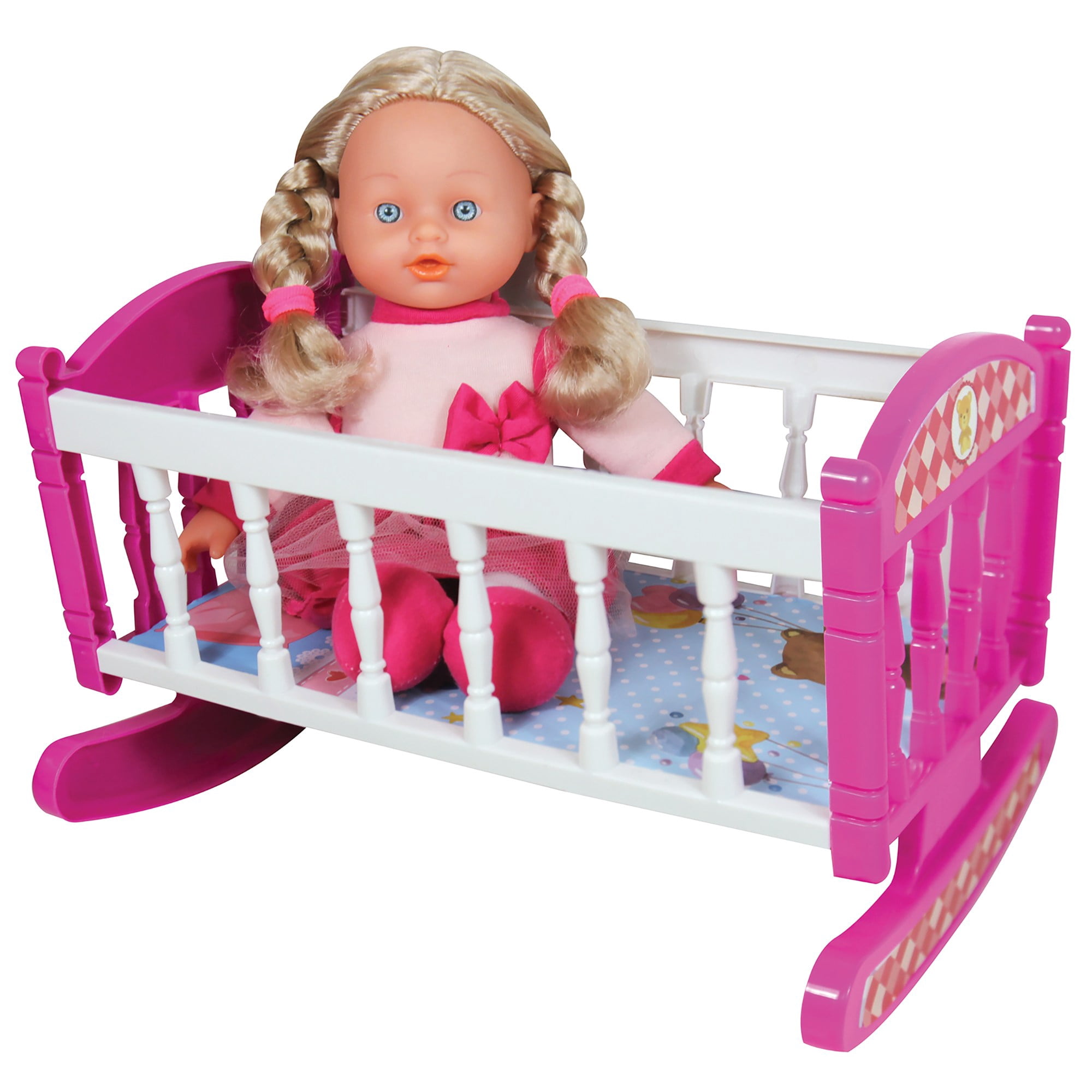 Lissi: 12" Doll Set: Stroller, Bed & Highchair - Blonde Hair - Pink-White-Animal - Feeding-Sleep-Travel Playset, Foldable Design, Kids-Toddlers Age 2+