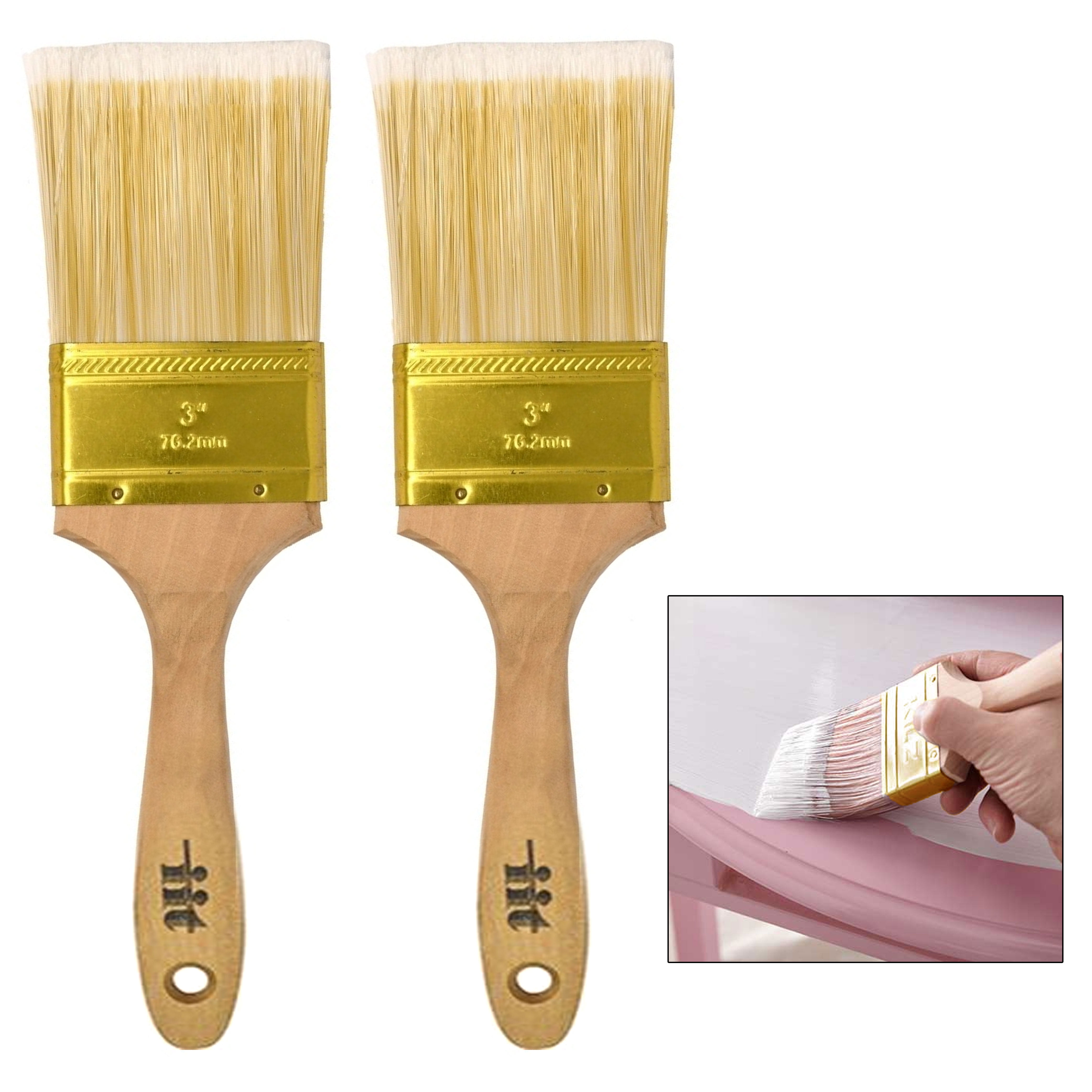 2 Pc Wood Handle Paint Brush 3' Polyester Bristle Walls Home Interior Exterior