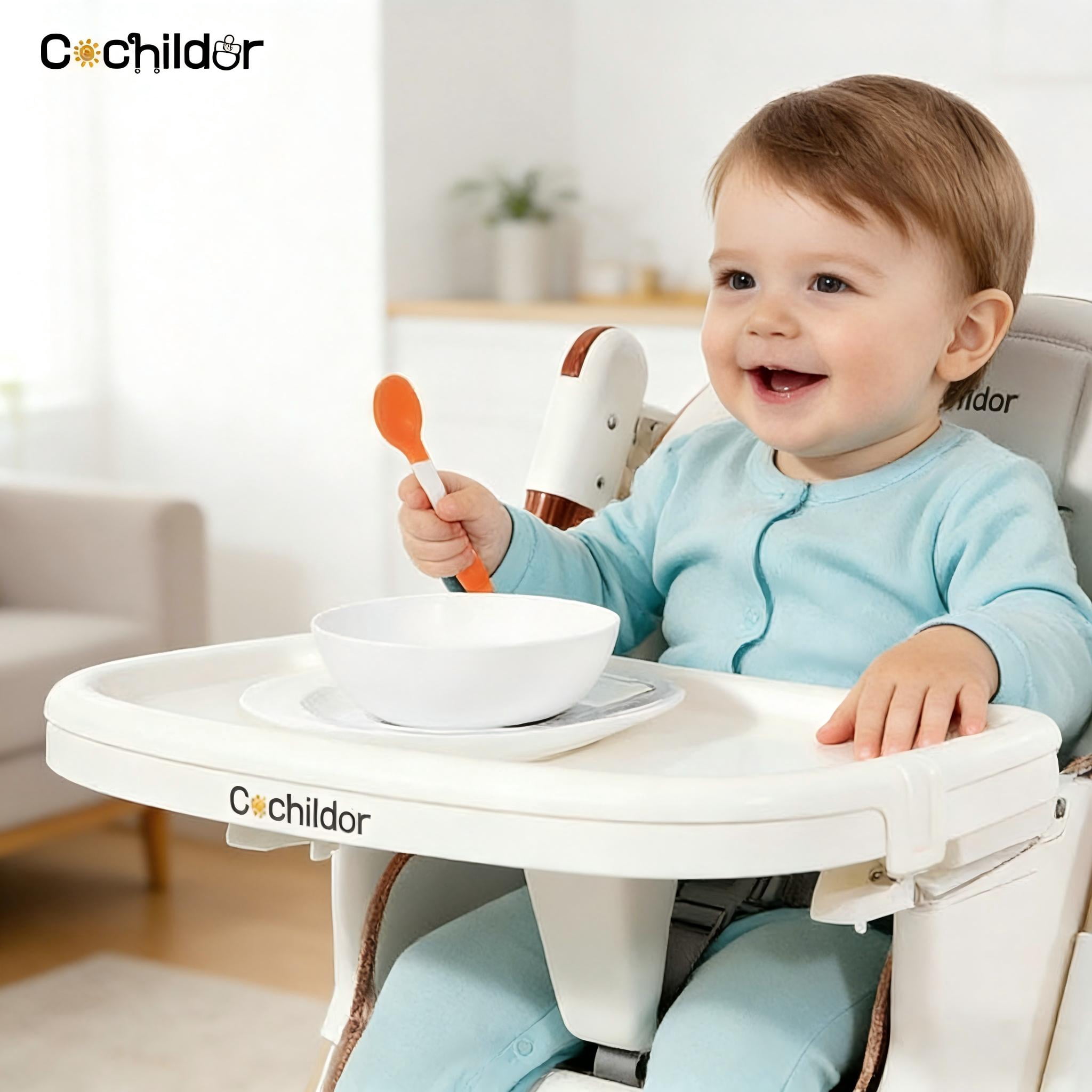Clearance Cochildor Foldaway 3-in-1 High Chair for Babies & Toddlers, with 5 Point Harness, Tray, Foot Rest and Wheels, White