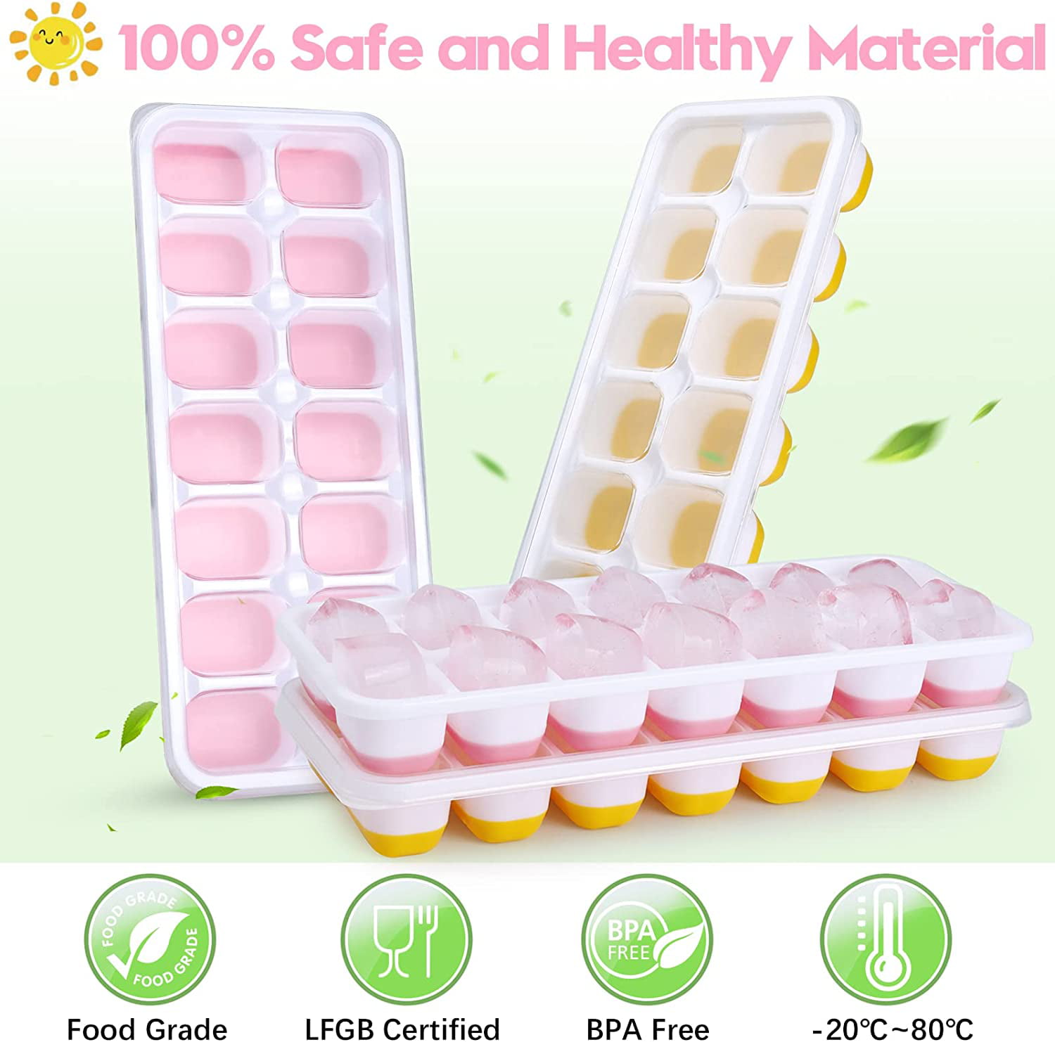YaSaLy Ice Cube Trays with lid and Ice Bucket,Easy Fill Ice Cube Trays  Stackable Spill Resistant Ice Cube Mold for Freezing Food, Water, Juice 