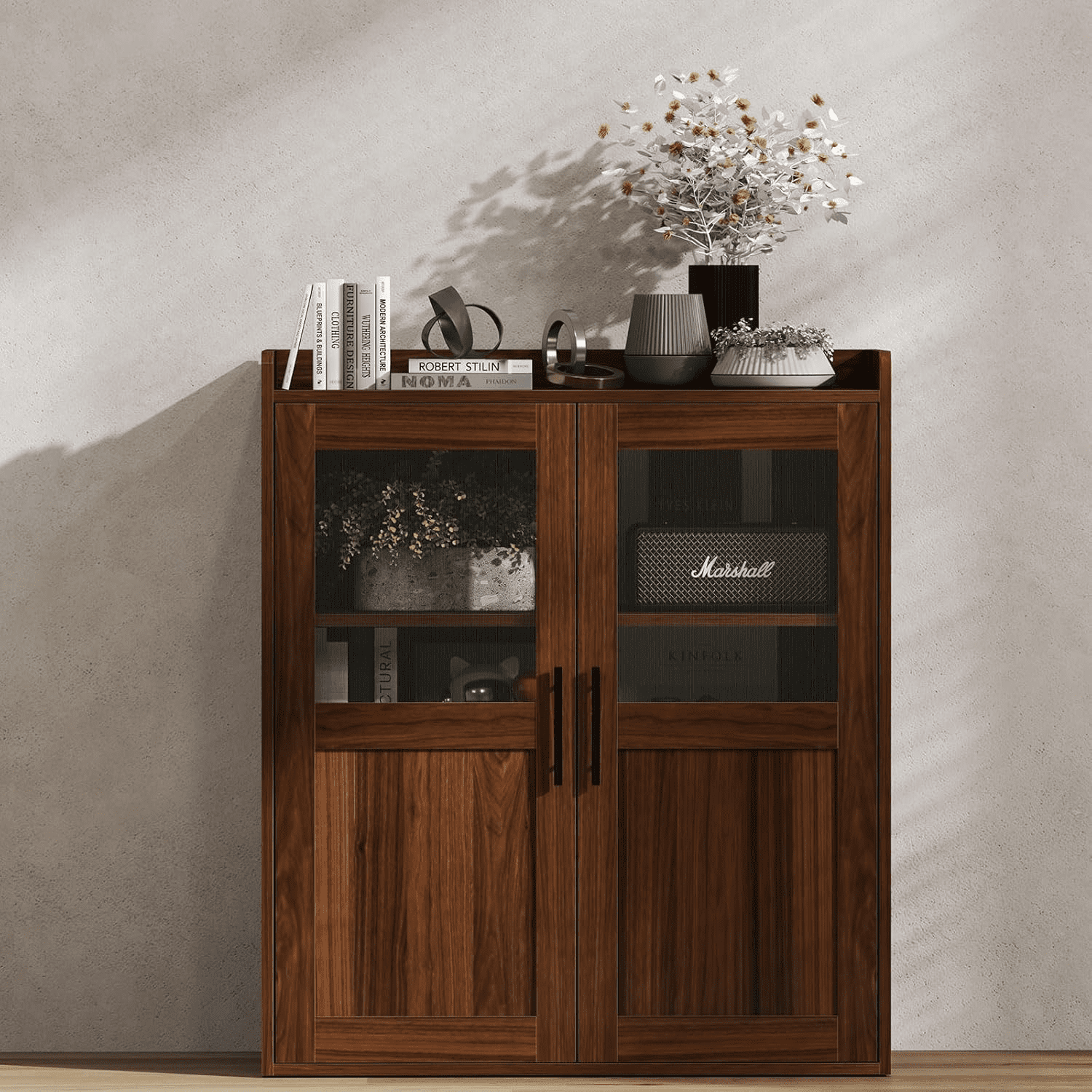 Ebello File & Storage Cabinet with Doors and Adjustable Shelves, Multipurpose Office Credenza for Home or Office, Walnut