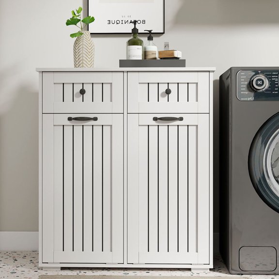 S-HOME White Laundry Storage Cabinet Featuring 2 Pull Out Drawers And 2 Separate Hampers For Easy Use