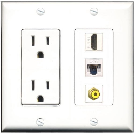 RiteAV - 15 Amp Power Outlet 1 Port HDMI 1 Port RCA Yellow 1 Port Cat5e Ethernet White Decorative Wall Plate