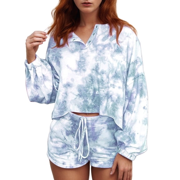 RMGVDSD New Fashionable Women's Home Wear 2 Piece Tie Dye Printed Loose T Shirt Pullover Long Sleeved Shorts Set Casual Beach Vacation Outfit