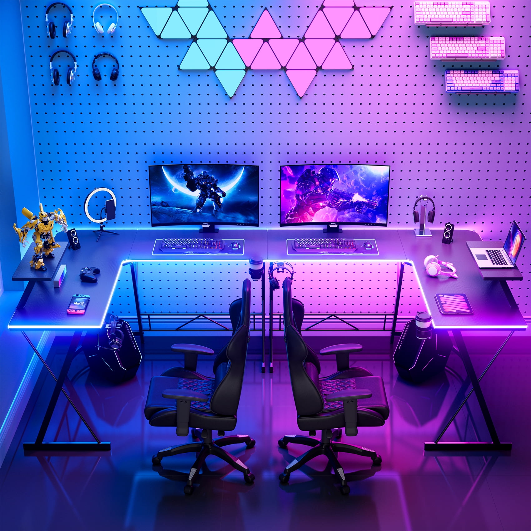 Mr IRONSTONE 51 inch L Shaped Gaming Desk with LED Lights, Corner Computer Desk for Home Office, Black Writing Workstation with Large Monitor Stand, Easy to Assemble