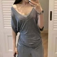 thumbnail image 4 of MIXUE Boho Tops For Women Summer Solid Color Off Shoulder V Neck Batwing Sleeve Casual Pullover Shirts For Women T-shirts Streetwear,Gray,L, 4 of 6