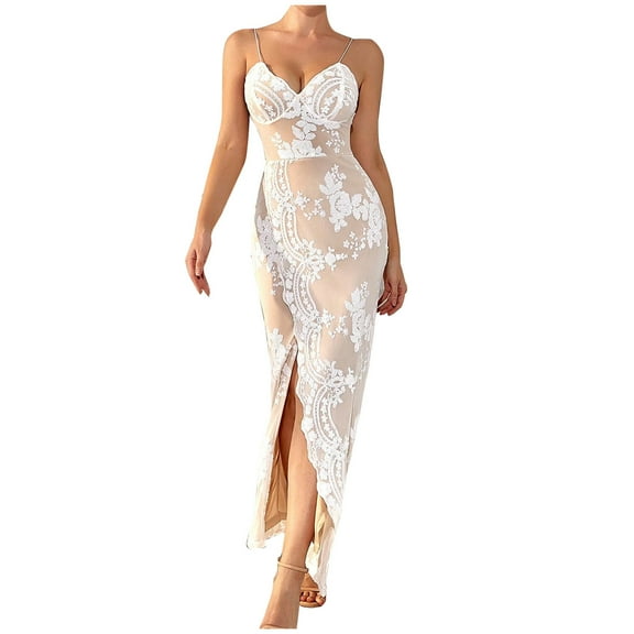 Wycnly Dresses for Women 2025 Wedding Guest Elegant Embroidery Sexy Slit Wrap Hip Hem Cami Long Dresses Floral Print Sleeveless V-Neck Maxi Formal Dresses for Women White XS