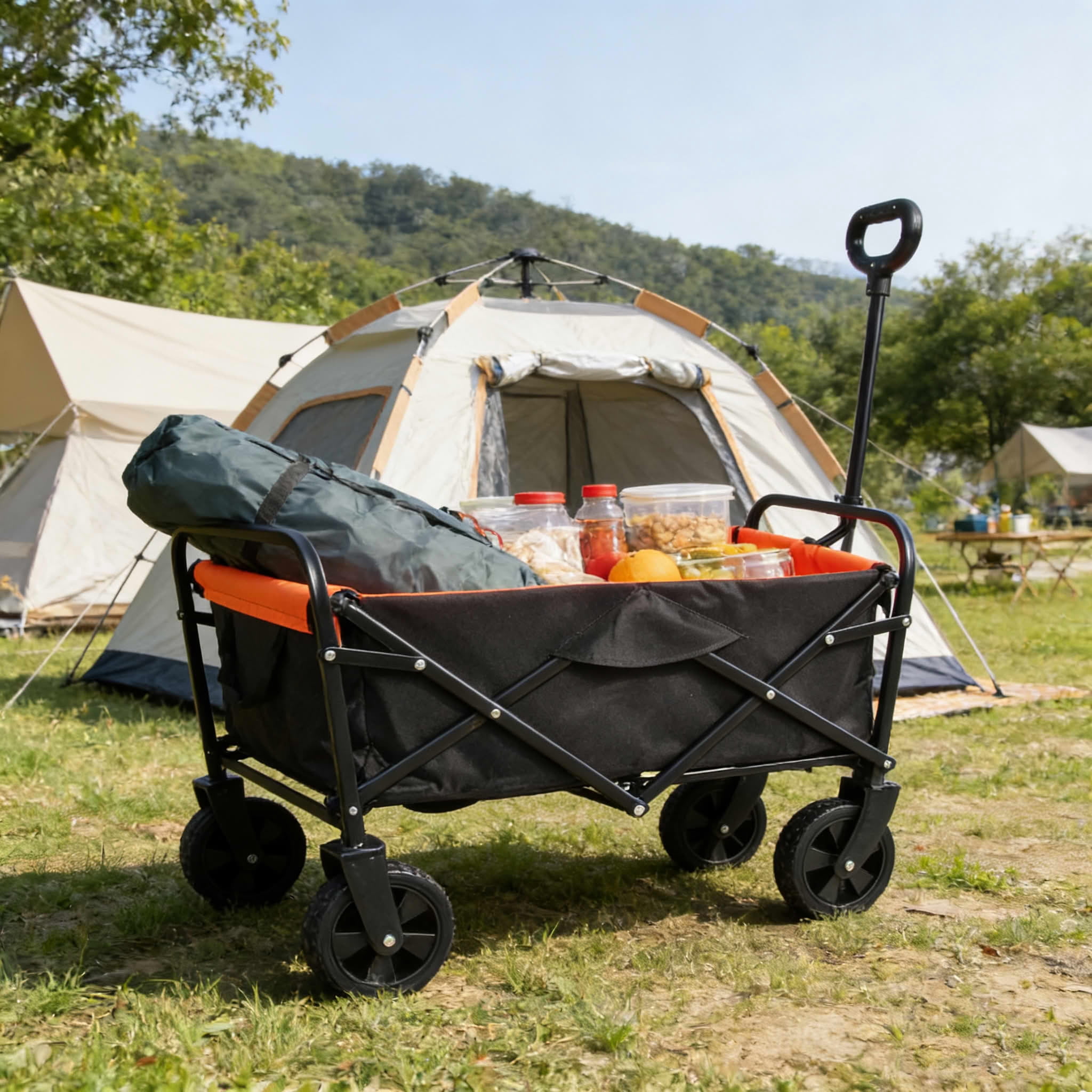 MAYEERTY Mini Folding Wagon Cart, 220LBS 600D Oxford Steel Frame, No Assembly for Garden Beach Shopping, Black-Yellow