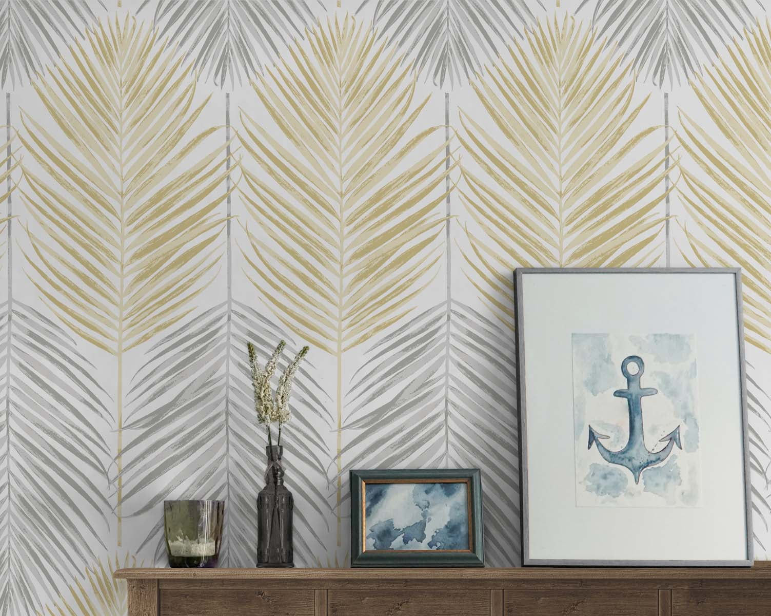 NextWall  Two Toned Palm Peel and Stick Wallpaper 20.5 in. W x 18 ft. L - Wheat & Daydream Grey