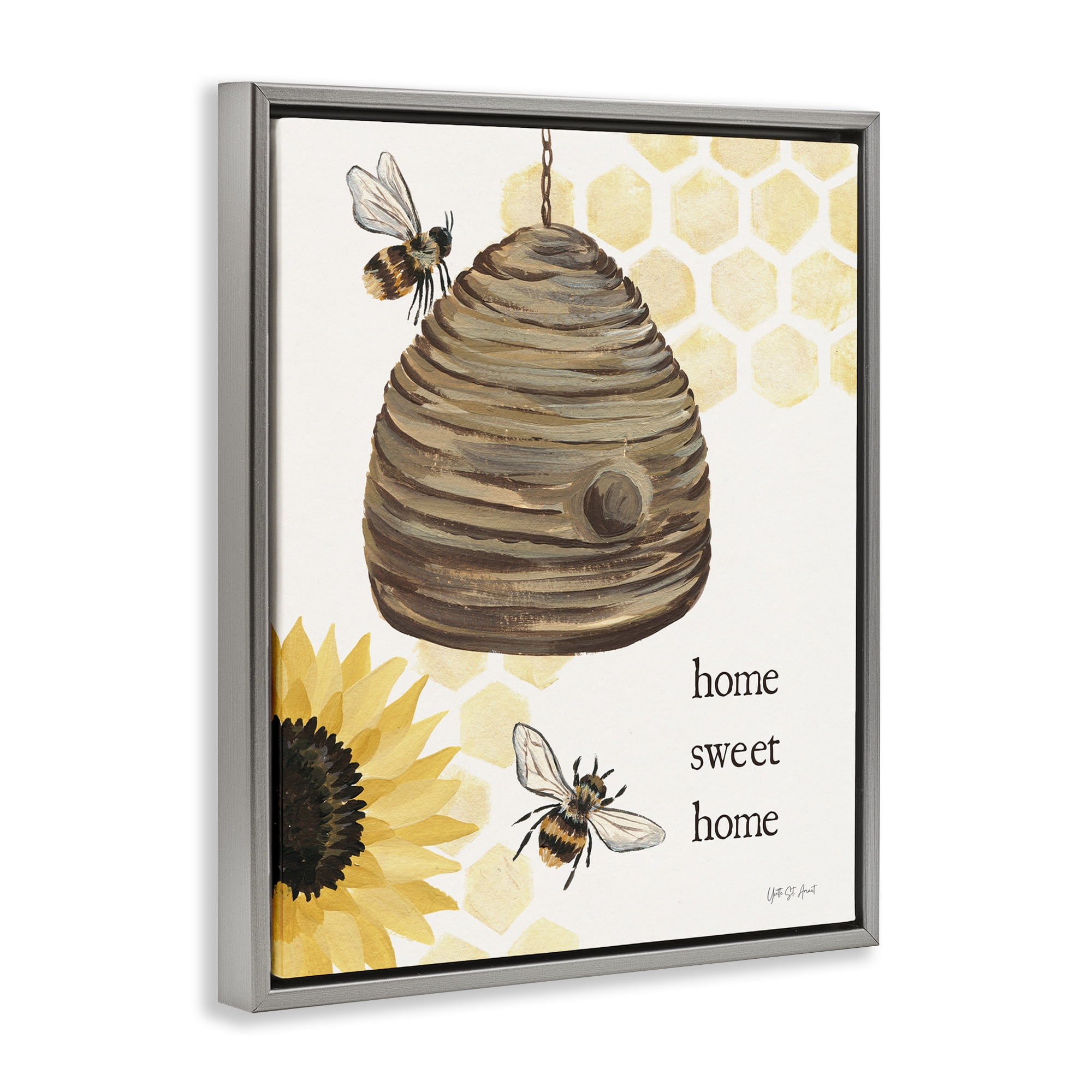 Stupell Industries Sweet Home on Honeycomb Botanical & Floral Painting Gray Floater Framed Canvas Art Print Wall Art, 25 x 31