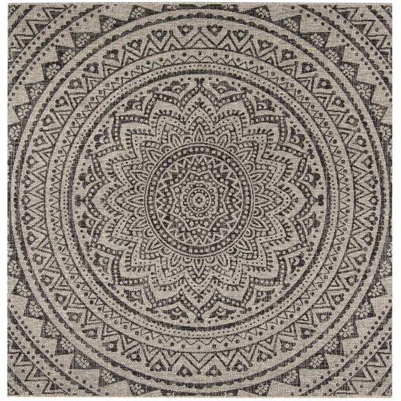 SAFAVIEH Courtyard Josiah Floral Medallion Indoor/Outdoor Area Rug, 6'7" x 6'7" Square, Light Grey/Black