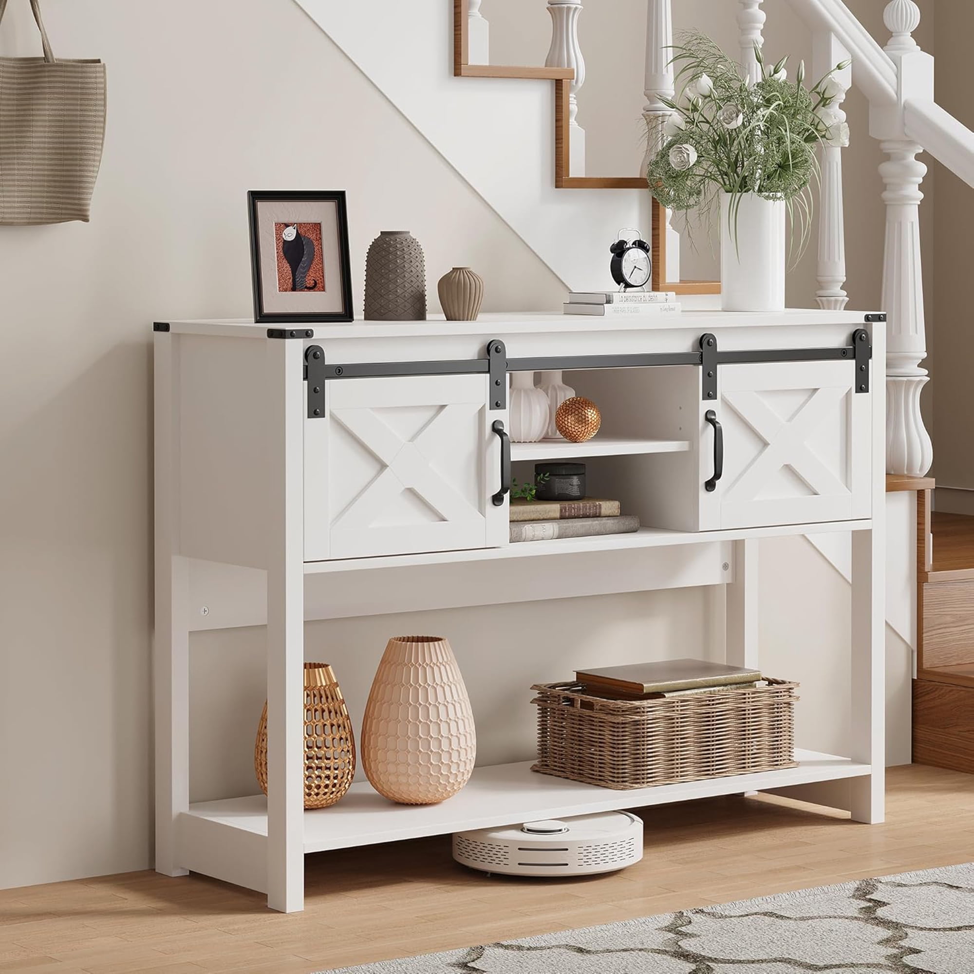 RoyalCraft Farmhouse Entryway Console Wooden Table with Storage Shelves, White