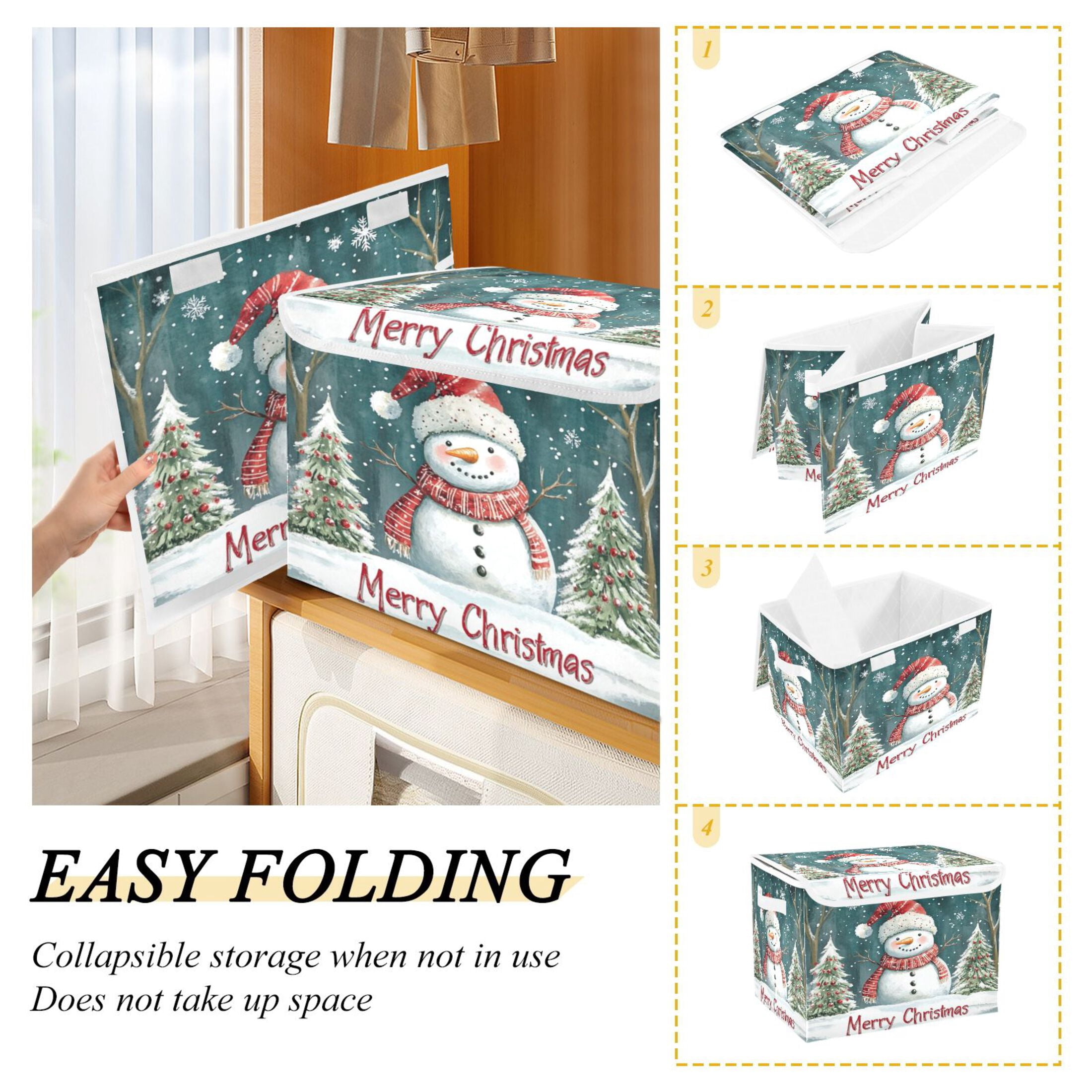 Storage Box With Lid 16.5x12.6x11.8In Foldable Stacked Household Storage Box Santa Hat Snowman Picture