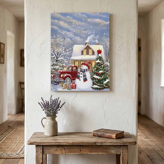 Ships Next Day Canvas Wall Art 8"x12",Farmhouse Christmas Wood Framed Canvas Print Painting,Snowman Xmas Tree Truck Snowflake Ready to Hang Small Picture Wall Decor for Home Hallway Bathroom Bedroom
