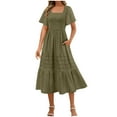 thumbnail image 2 of ZHYou No Boundaries Women Smocked Tiered Midi Dresses Casual Frock Square Neck Short Sleeve Flowy Dresses with Pockets,Army Green,M, 2 of 9