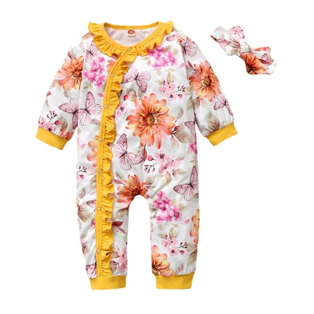 

KIMI BEAR Baby Girls Romper Outfits Newborn Girls Fall Clothes Floral Side Button Long Sleeve Yellow Knit Jumpsuits Headband 2PCs Set 0-3 Months