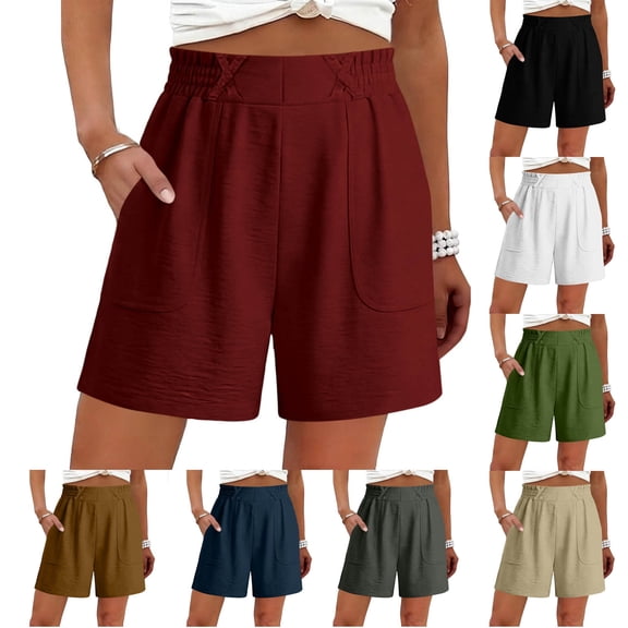 Womens Summer Shorts Linen Lace Elastic Waist Casual Comfortable Beach Shorts With Pocket