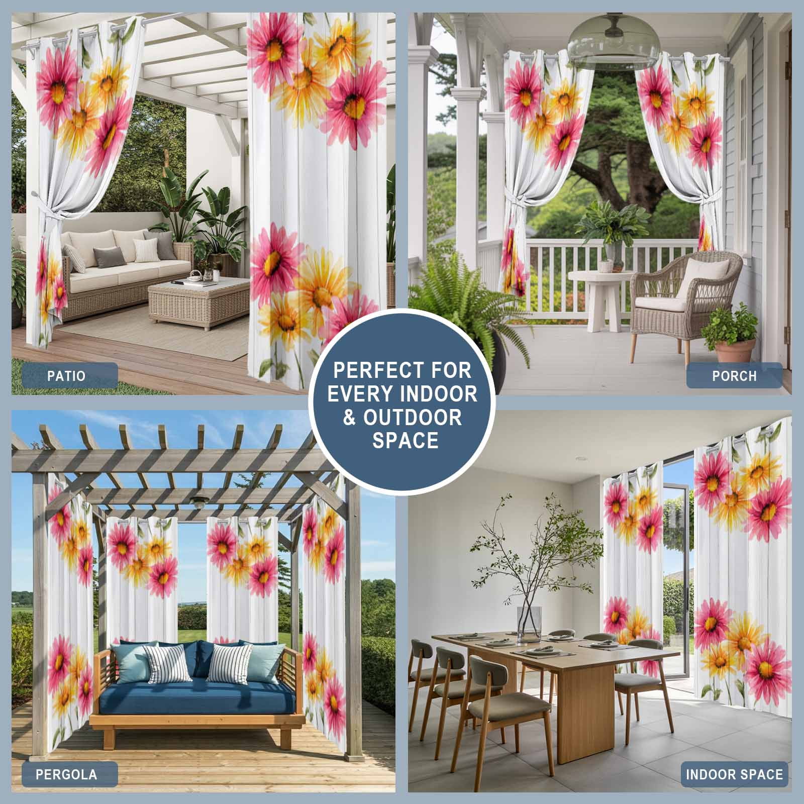 Yellow Pink Daisy Outdoor Curtains for Patio, Rustic Farmhouse Wooden Slats Sunshade Privacy Drapes Grommet Waterproof Outside Curtains for Porch/Cabana/Balcony 54"x 108", 1 Panel