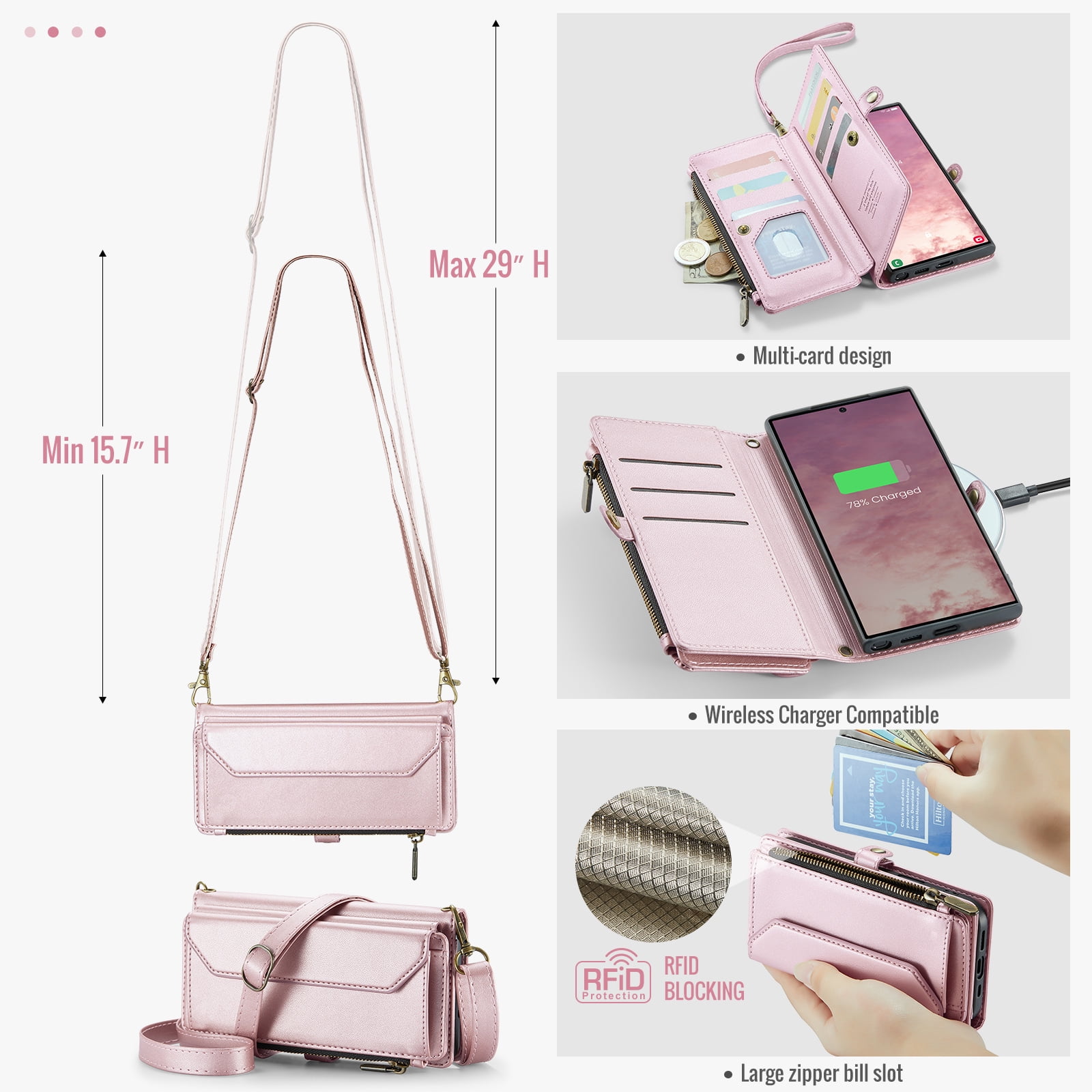 Compatible with Samsung Galaxy S25 Ultra 5G Zipper Wallet Phone Case Tempered Glass Screen Protector Crossbody Lanyard Strap Flip Card Holder Slot Cell Cover for S25Ultra 25S S 25 Women Rose Gold