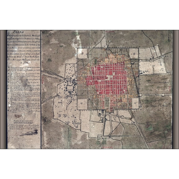24"x36" Gallery Poster, Map of Mexico City 1794, North to the left