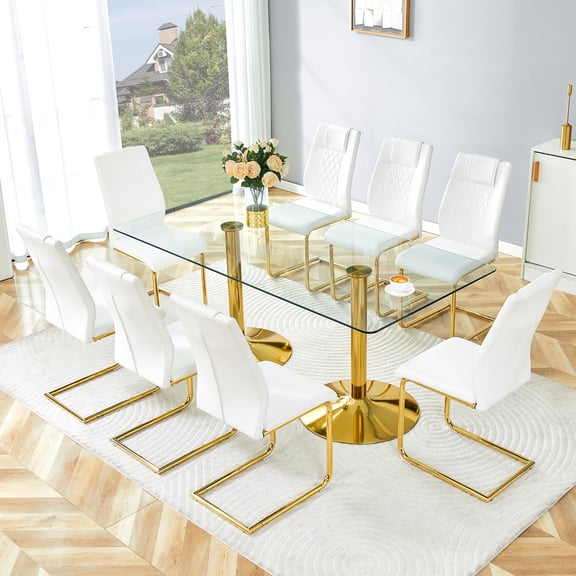 Table and chair set. 71 inch x 35.4-inch tempered glass table,White High-quality PU Chairs With Golden Arched Metal Legs, Modern Table & 8 Seater Dining Room Furniture Set for Family Gathe