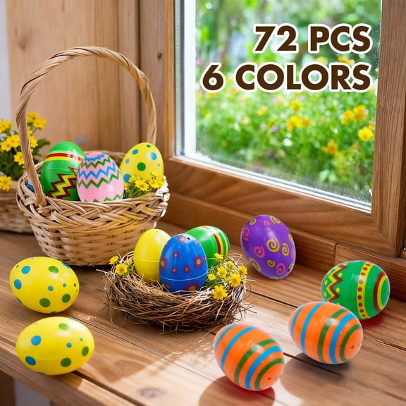 72Pcs Pre-Filled Plastic Easter Eggs 2.36", 6 Different Styles, for Easter Hunt, Party Favors, Classroom Prizes & Decor