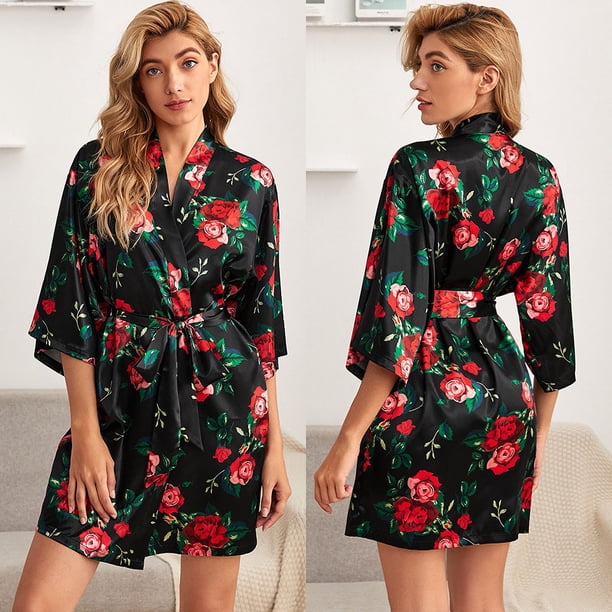 Camisón de seda de hielo para mujer, ropa de casa con estampado de peonías de verano, cárdigan, bata de mañana, bata de baño