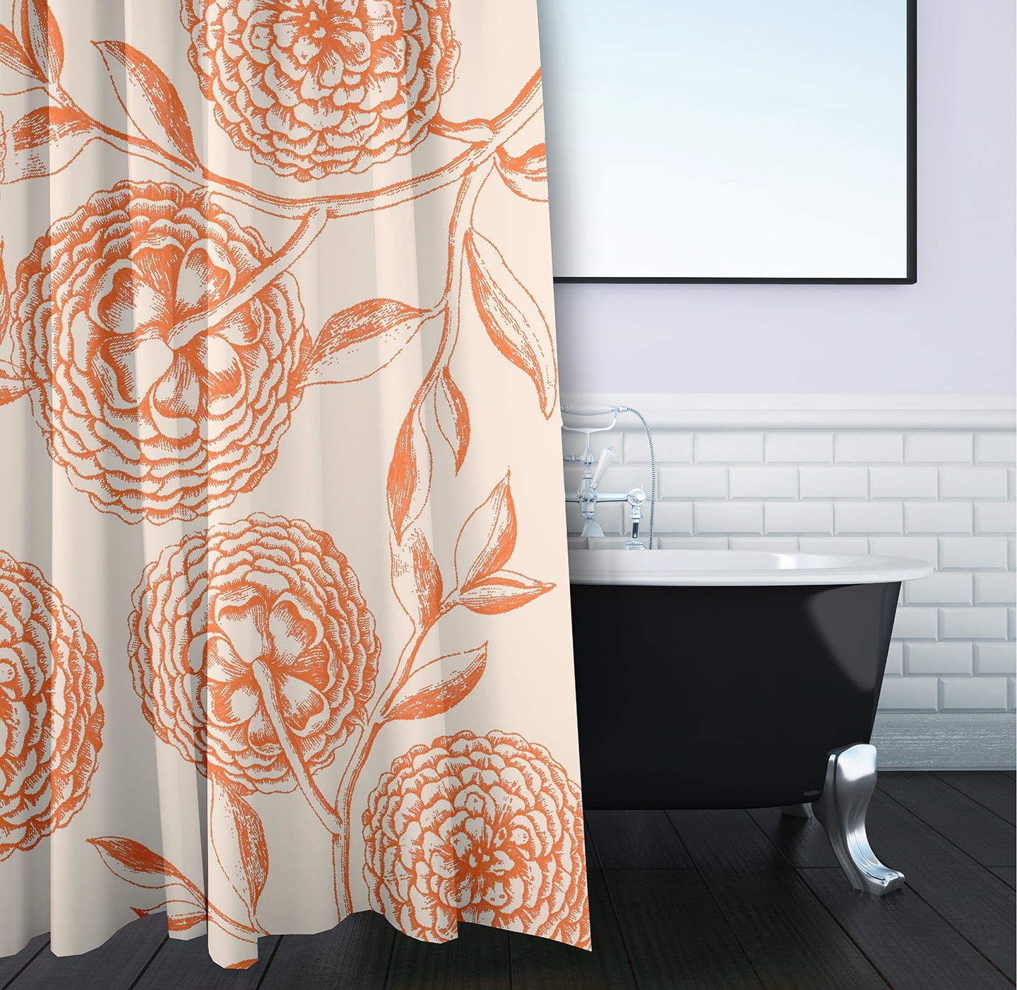 Simply Daisy 70" W x 73" L Antique Flowers Polyester Shower Curtain, Orange [1 Ct]