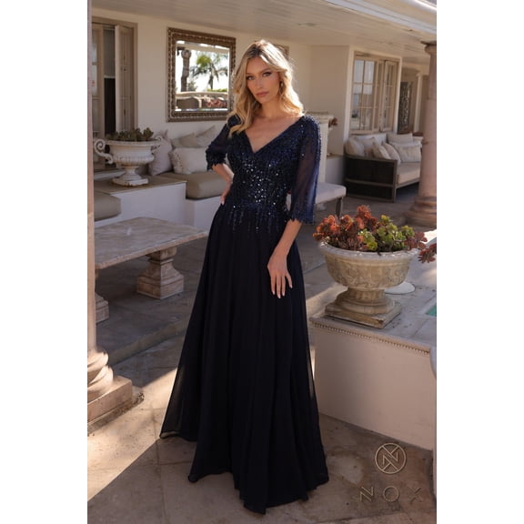 Women's Nox Anabel Mf100 Beautiful Sequin Bodice 3 4 Sleeve A-line Gown Navy Blue Size 12W